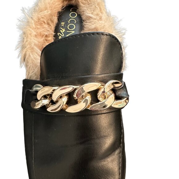 Coconuts by Matisse Faux Fur Chain Slip-On Loafers | Black Leather Mules - Picture 3 of 7